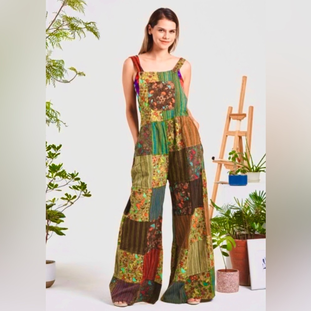 Patchwork mushroom print  hippie overalls NWT